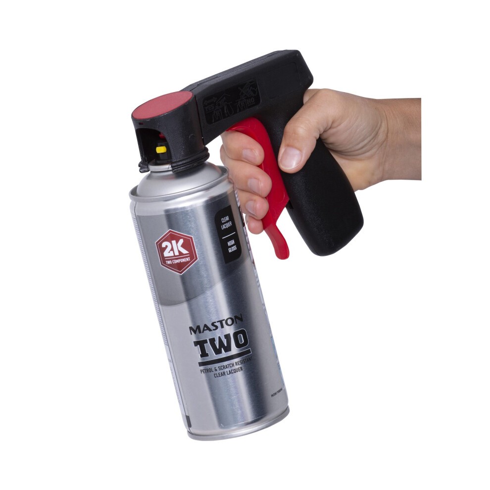 Maston Spray Gun Trigger features a black and red ergonomic handle, with a silver canister labeled "Maston TWO" for easy spray application.