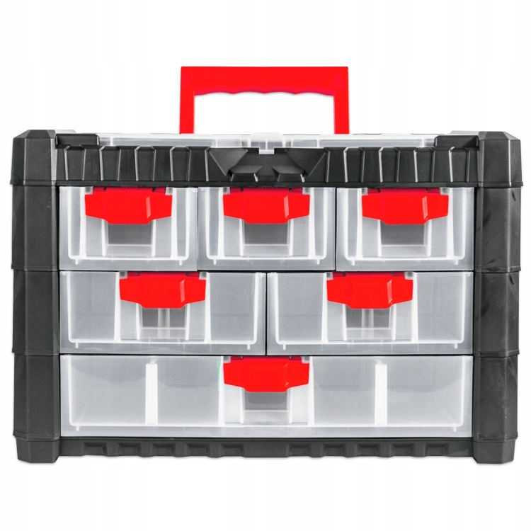 Black and gray organizer multicase with six transparent drawers, each featuring red handles, and a sturdy red carrying handle on top.