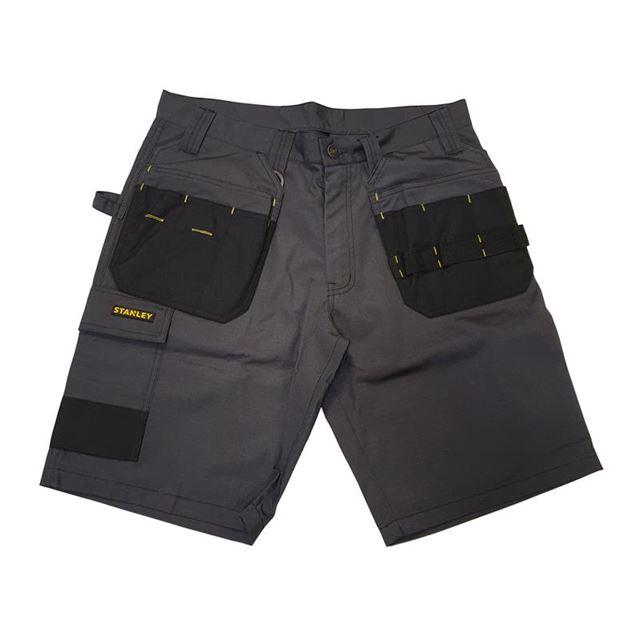 Grey Stanley Sedona Holster Shorts in size 38in, featuring multiple pockets, black accents, and yellow stitching for durability and utility.