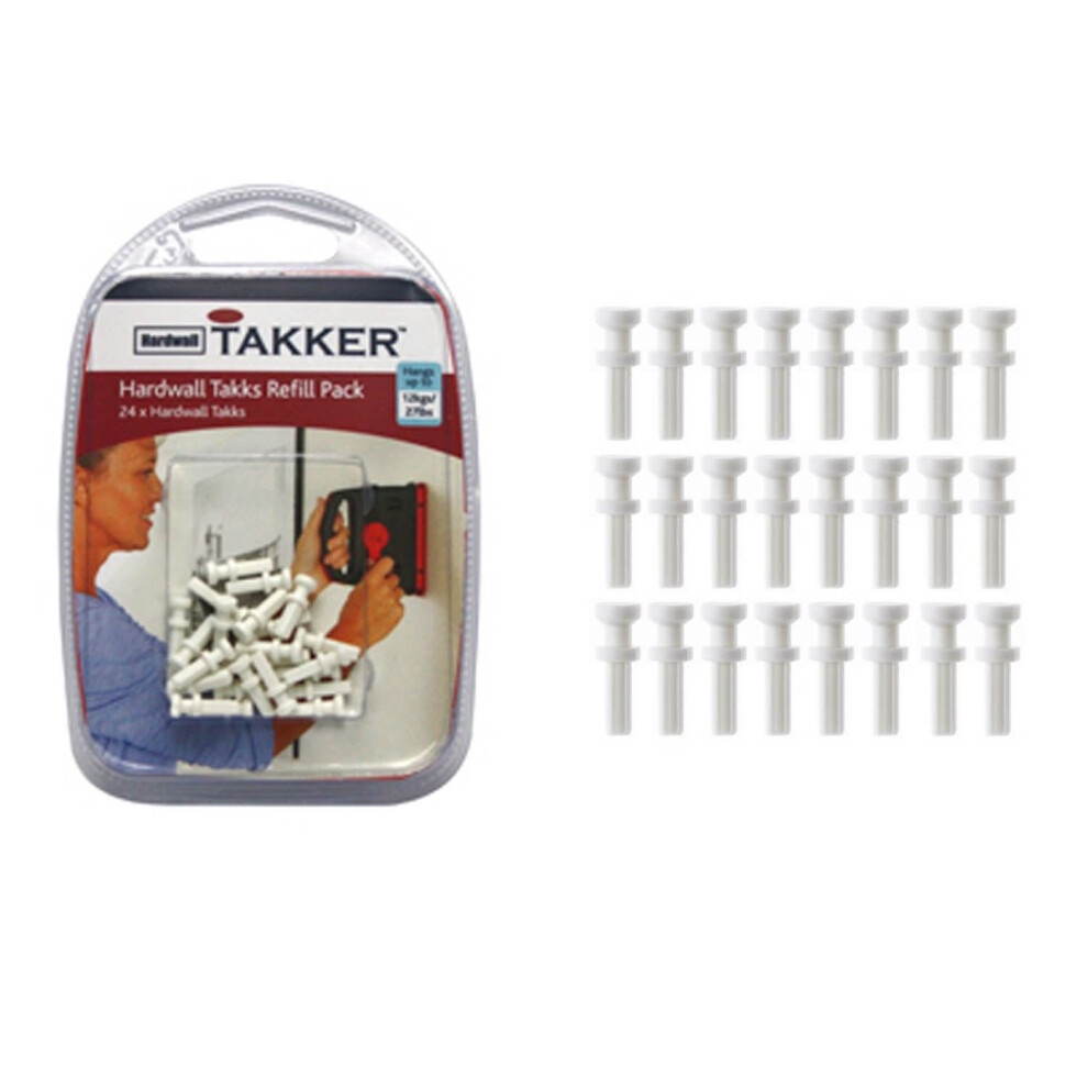 White plastic hardwall takks refill pack containing 24 pieces, displayed in a clear plastic packaging with a red and blue label featuring a user applying the takks to a wall.
