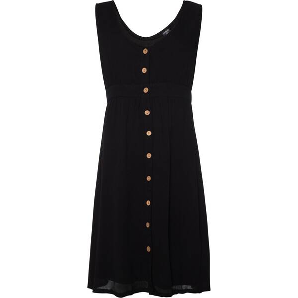 Black sleeveless women's dress featuring a scoop neckline, a fitted bodice with a button-down front, and a flowy skirt that falls just above the knees.
