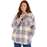Women's long-sleeved shirt by Protest Nxgredoak, cream with purple plaid pattern, button-up front, and chest pocket.
