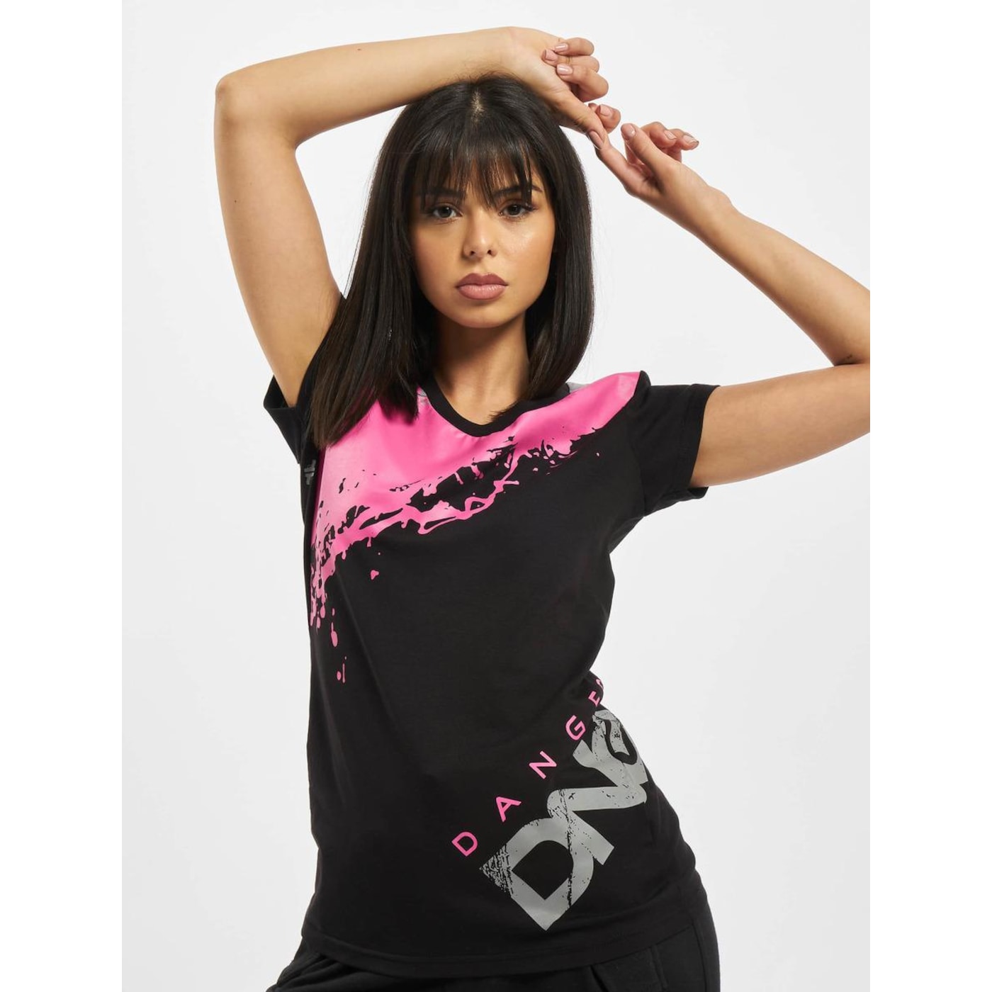 Black women's T-shirt featuring a vibrant pink graphic design on one shoulder and the word "DANGEROUS" in bold white letters on the front.