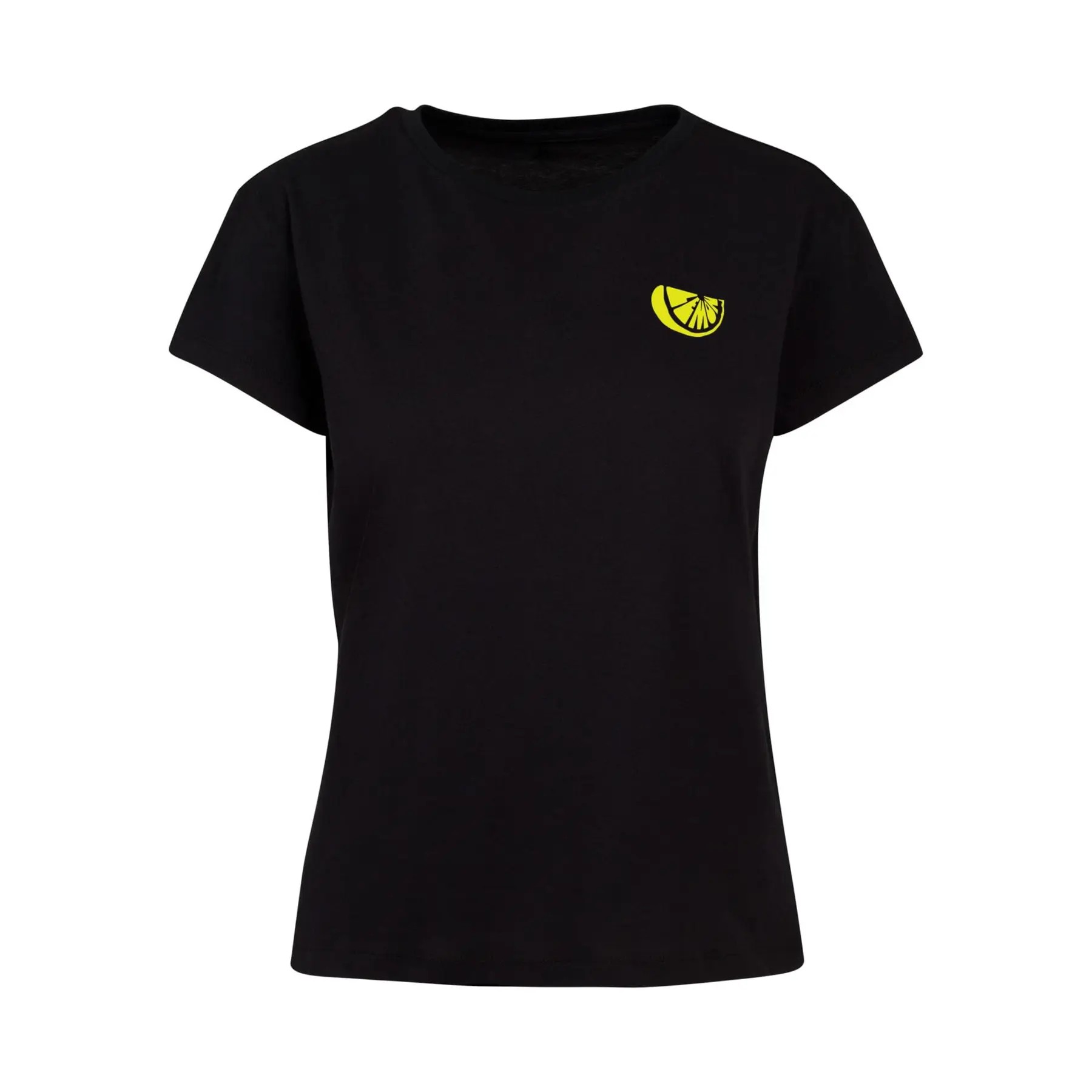 Black women's T-shirt featuring a small yellow lemon graphic on the left chest, made from soft cotton with a relaxed fit and short sleeves.