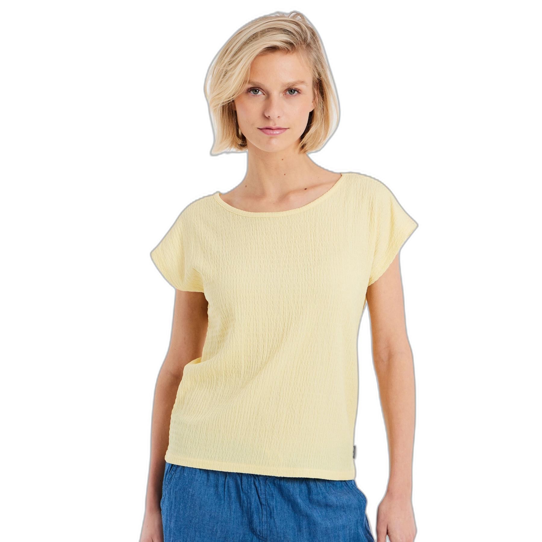 Light yellow women's T-shirt by Protest, featuring a relaxed fit, short sleeves, and a textured fabric for a casual, comfortable look.