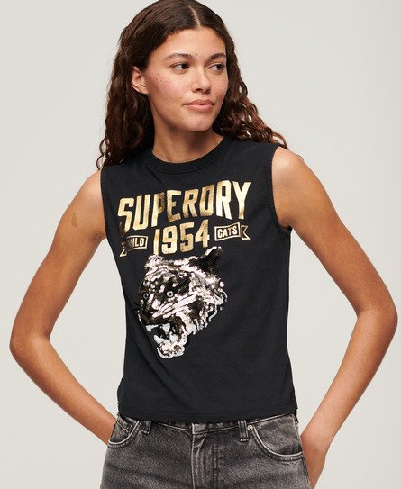 Black sleeveless tank top featuring a gold "SUPERDRY 1954" graphic and a tiger design, made from soft cotton material for a casual look.