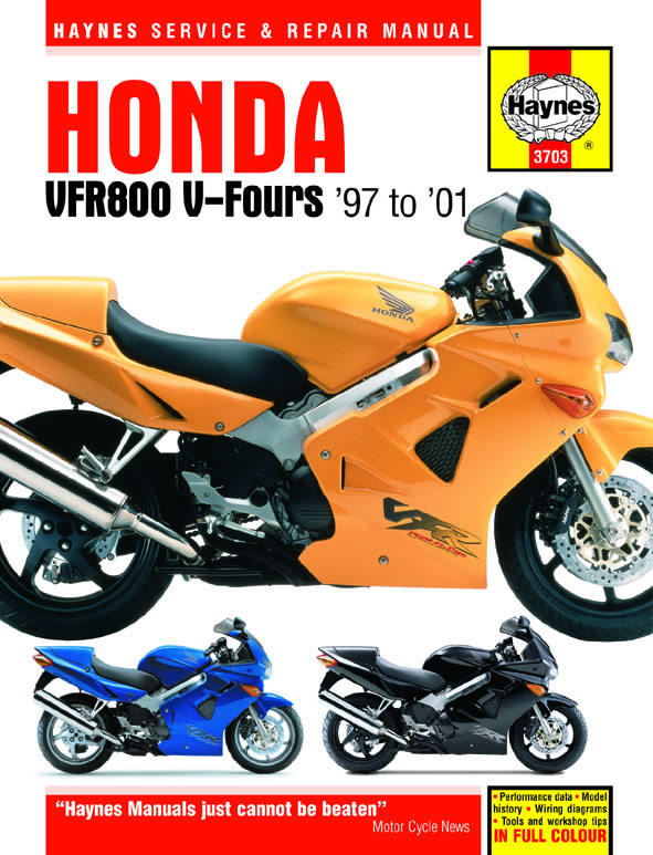 Haynes Service Manual for Honda VFR 800 (1998-2001) featuring a bright orange motorcycle on the cover, with blue and silver models displayed below, all set against a white background.