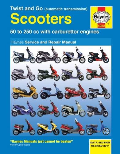 Cover features a blue background with a grid of various scooters in colors like red, yellow, and black, along with the title and Haynes logo prominently displayed.