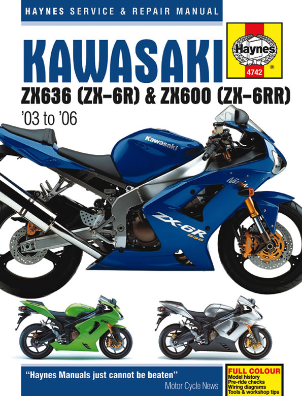 Kawasaki ZX-6R & ZX-6RR service manual cover featuring a blue motorcycle, with images of the ZX-6R and ZX-6RR models, and text highlighting the years 2003 to 2006.