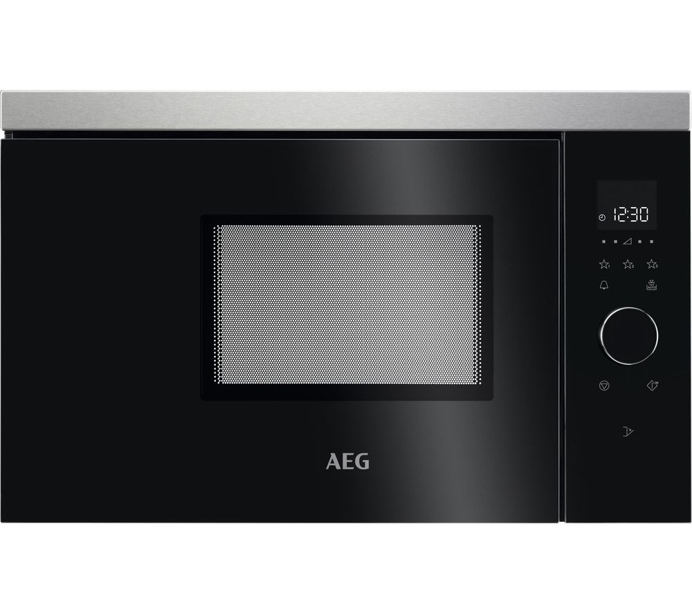 Built-in microwave with a sleek black glass front, stainless steel trim, digital display, and control panel featuring a dial and buttons for easy operation.