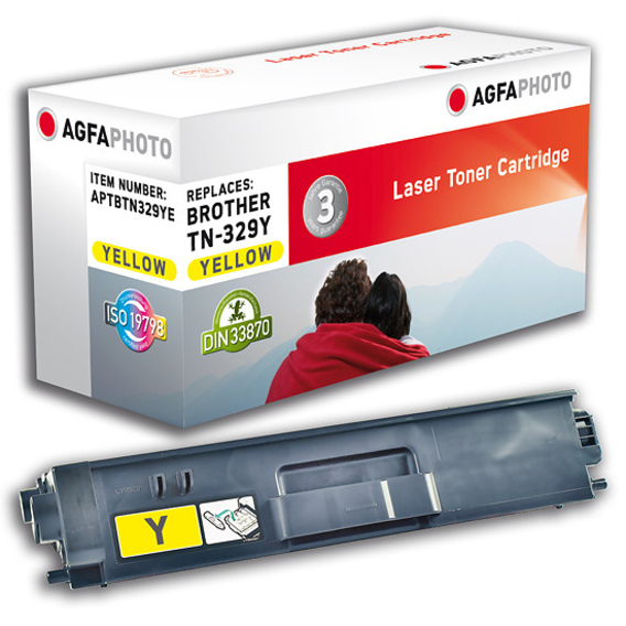 Yellow laser toner cartridge with a black casing, featuring a yellow label marked 'Y' and a box displaying the AgfaPhoto logo and product details in red and white.