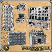 "Fantasy apothecary set with ornate cabinets, potion bottles, and storage chests in a medieval style design"