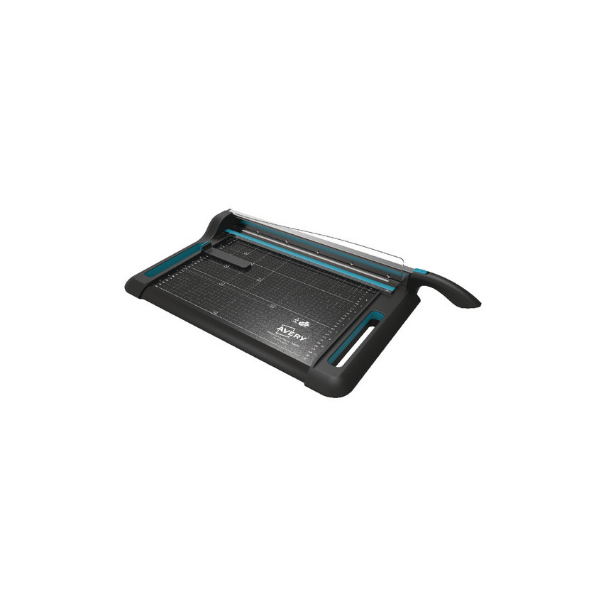 Avery PG460 A3 Precision Guillotine features a black plastic body with a blue accent, a clear cutting guide, and a sharp rotary blade for precise paper cutting.