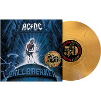 Ballbreaker 50th Anniversary gold vinyl record with electric blue album cover featuring lightning and band logo.