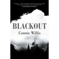 "Blackout" book by Connie Willis, black and white cover with a dome building silhouette and cloudy sky.