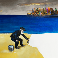 Painting of a man in black painting a beach white, with a colorful city skyline across a blue ocean.
