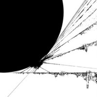 Black and white abstract vinyl record cover with large black circle and intricate line patterns.