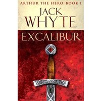 "Excalibur book by Jack Whyte, red cover with ornate sword and medieval design elements"