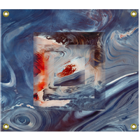 Abstract blue and red swirling pattern flag with a central geometric design and gold corner grommets.