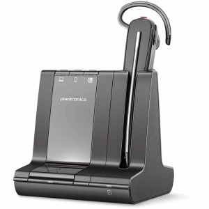Refurbished black POLY Savi 8240 monaural convertible wireless headset with a sleek design, featuring a charging base and a flexible microphone boom.
