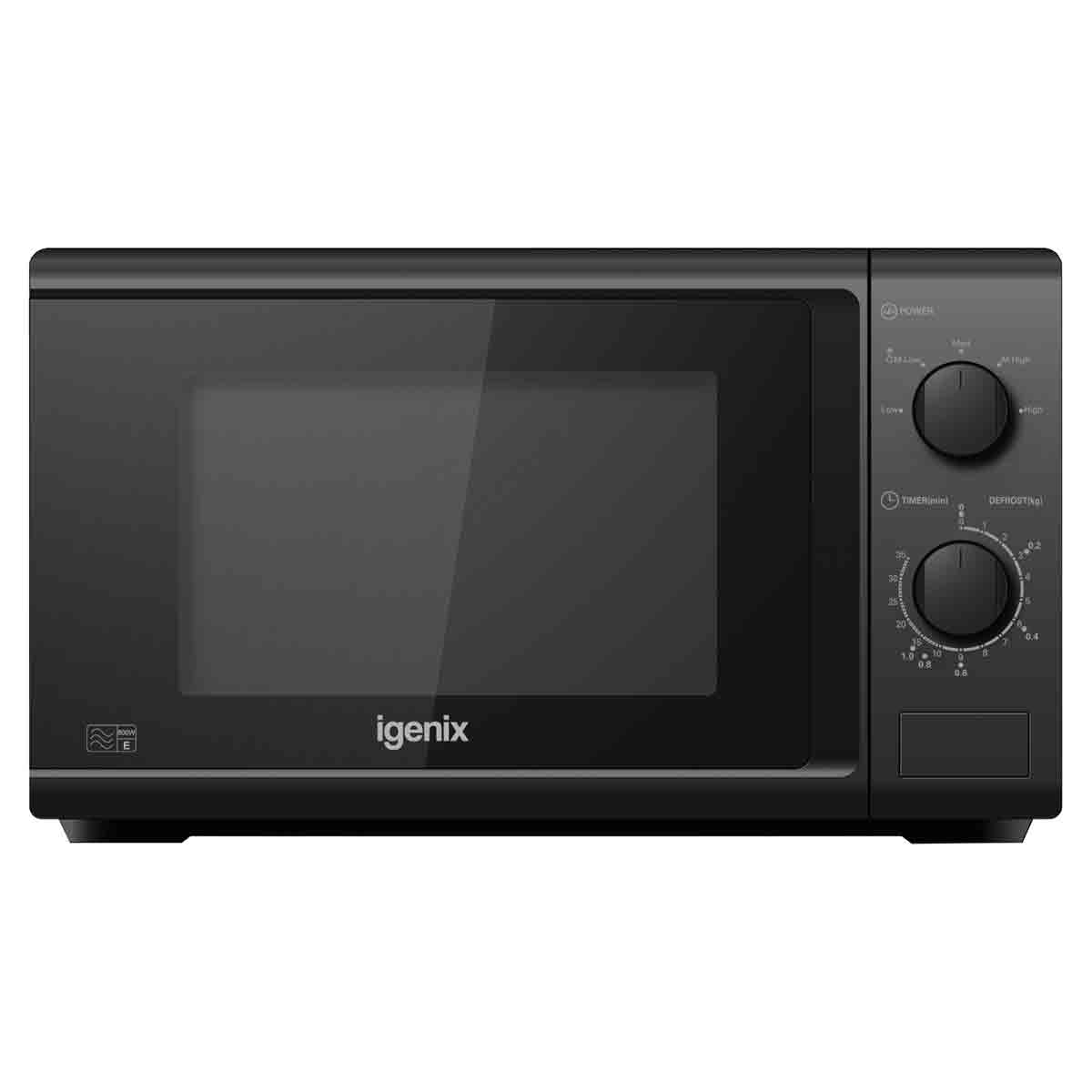 Black Igenix 20-litre manual microwave with an 800W power rating, featuring a transparent window, dial controls, and a sleek, modern design.