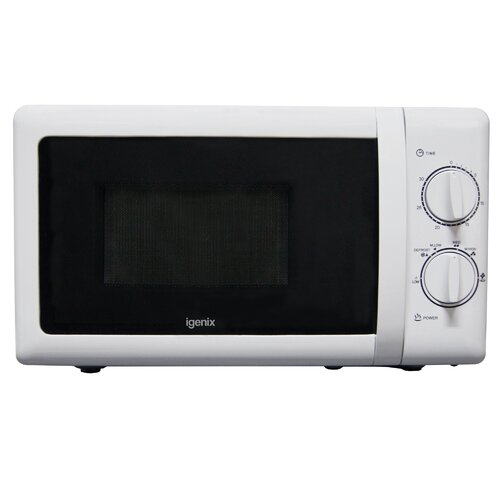 White Igenix manual microwave featuring a black glass door, easy clean interior, 20-litre capacity, and two control dials for time and power settings.