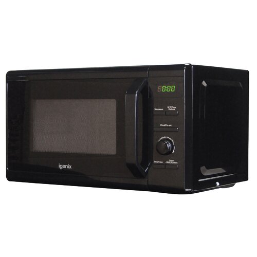 Black Igenix digital microwave with a sleek exterior, featuring an LED display, control dial, and eight cooking settings, capacity of 20 litres, and 800W power.