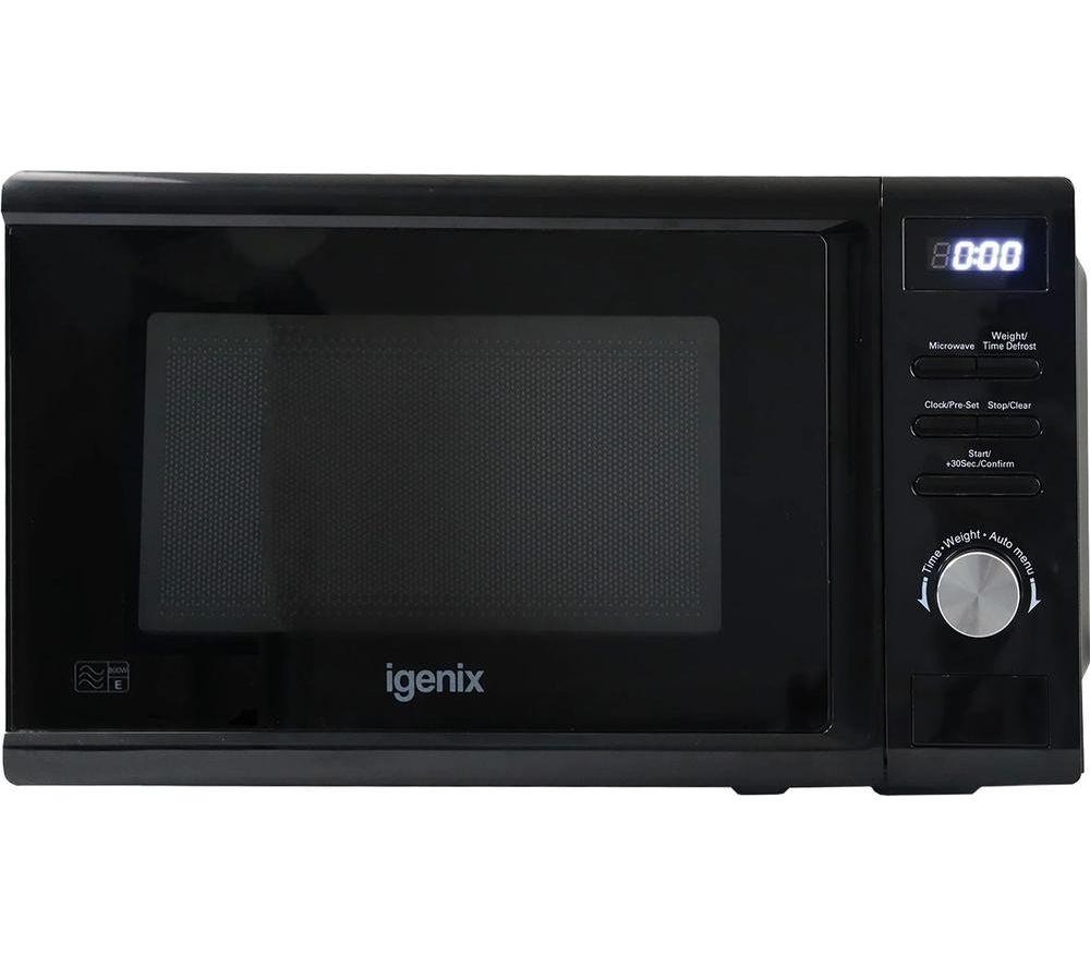 Black Igenix 20L digital microwave with an 800W power rating, featuring a sleek design, control dial, digital display, and a glass turntable inside.