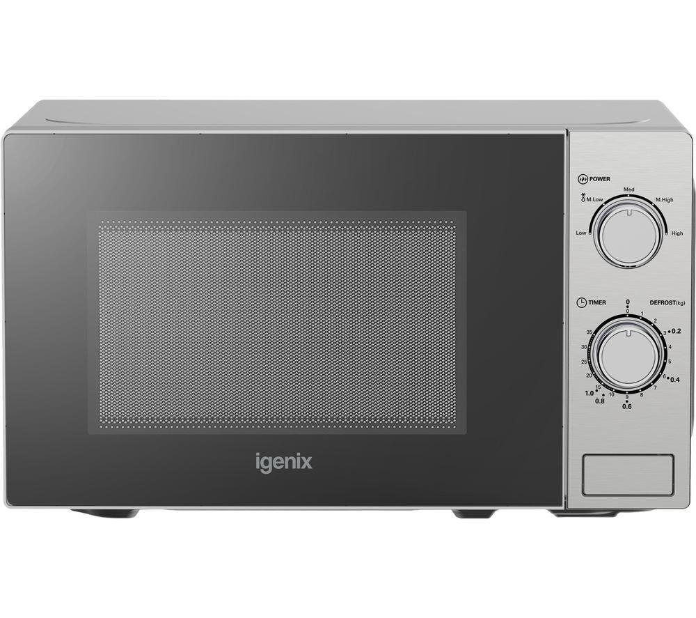 Stainless steel IGENIX IGM0820SS solo microwave featuring a black front panel, a digital display, and dials for power and timer settings.