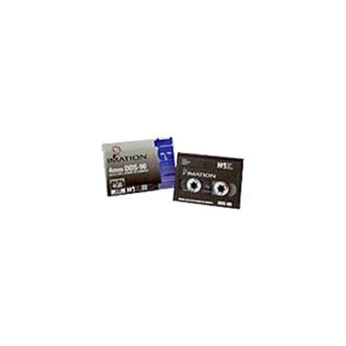 Imation DDS4-150 blank data tape in a black and silver casing, featuring two reels and labeled with storage capacity of 20GB/40GB, packaged in a colorful box.