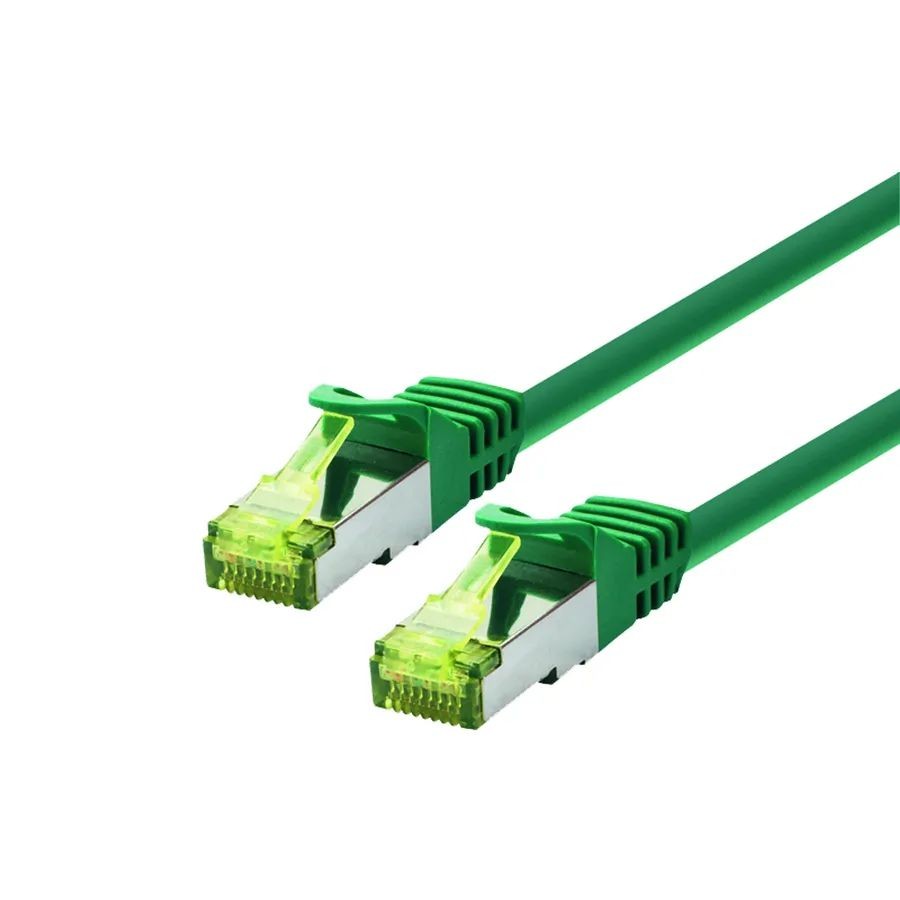 Green Ethernet cable with two connectors, featuring transparent plastic ends and molded strain relief, designed for professional networking applications.