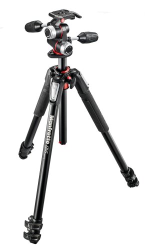 Black aluminum tripod with red accents, featuring adjustable legs, a three-way head, and rubber grips for stability, designed for digital and film cameras.