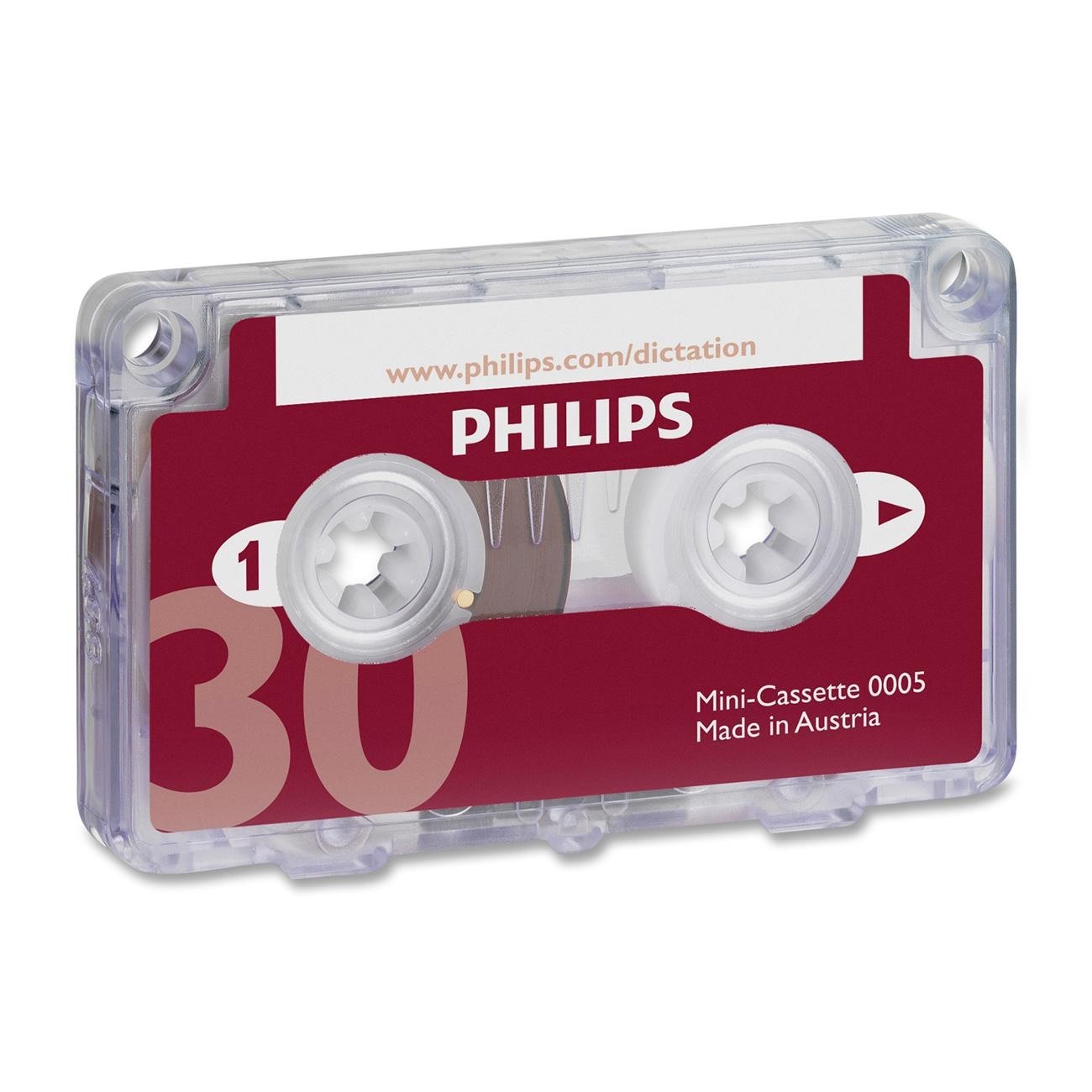 Transparent plastic cassette case with a red label featuring "PHILIPS" and "30" in white, containing a mini audio cassette for dictation, made in Austria.