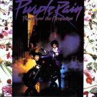 "Purple Rain" vinyl record with floral border, featuring a motorcycle and person in purple attire on the cover.