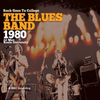 "Rock Goes to College album cover featuring The Blues Band performing live with bright stage lights."