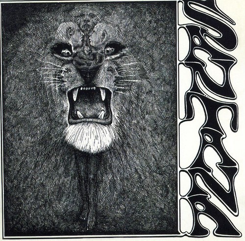 A striking black and white illustration of a roaring lion's face, with intense eyes and sharp teeth, accompanied by the stylized text "SANTANA" in bold, flowing letters.
