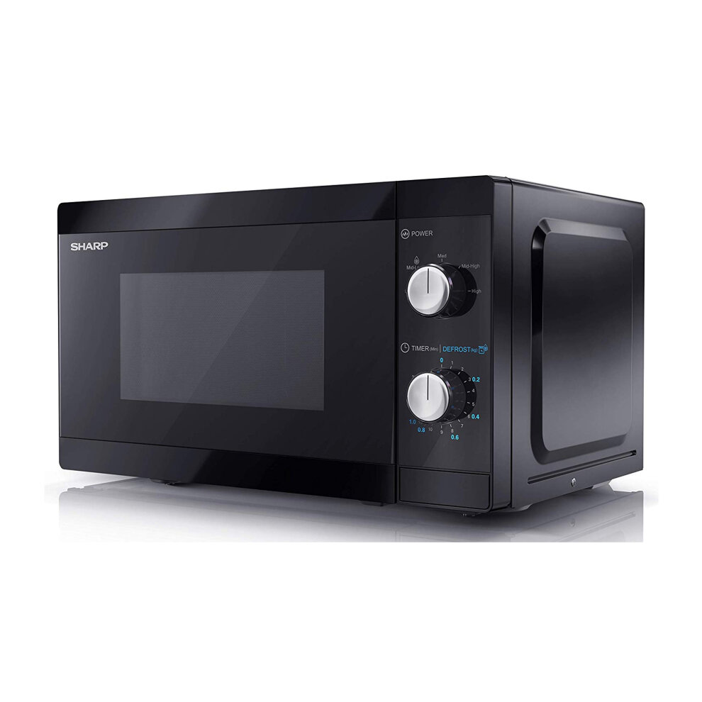 Sharp 20L solo microwave in sleek black finish, featuring a glass door, two control knobs for power and timer settings, and a compact design suitable for any kitchen.
