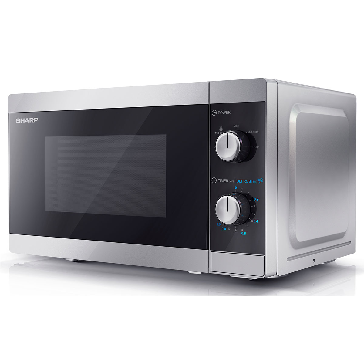 Silver Sharp 20L solo microwave with 800W power, featuring a sleek design, a glass door, and manual control knobs for power and timer settings.