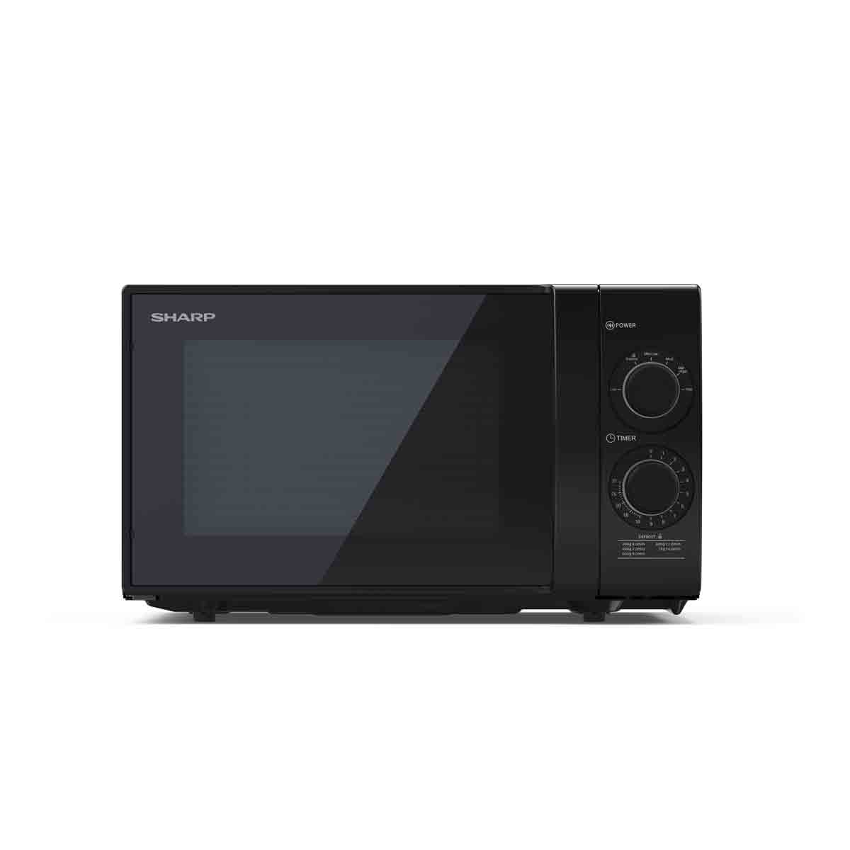 Sharp 700W solo microwave oven in sleek black finish, featuring a 20L capacity, defrost function, and easy-to-use dial controls on the front.