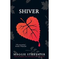 Black book cover of "Shiver" with red leaf and drop design, gray leaf silhouettes, author Maggie Stiefvater's name.