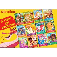 Storytime Children's Magazine covers with colorful illustrations, dragon graphic, and "A Year of Stories!" text on yellow background.