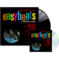 Vinyl and CD set of "The Best Of The Easybeats + Pretty Girl" with colorful text and band photo on black cover.