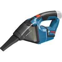Blue Bosch handheld vacuum with black nozzle, ergonomic handle, and transparent dust container.