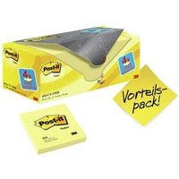 Yellow square Post-It note pad, 100 sheets, self-adhesive, with packaging showing "Vorteilspack!" in German.