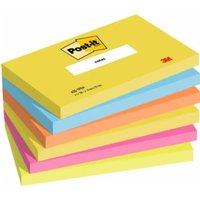 3M note paper stack, rectangle, colors: blue, green, orange, pink, yellow, 1x3 inches, with Post-it branding.