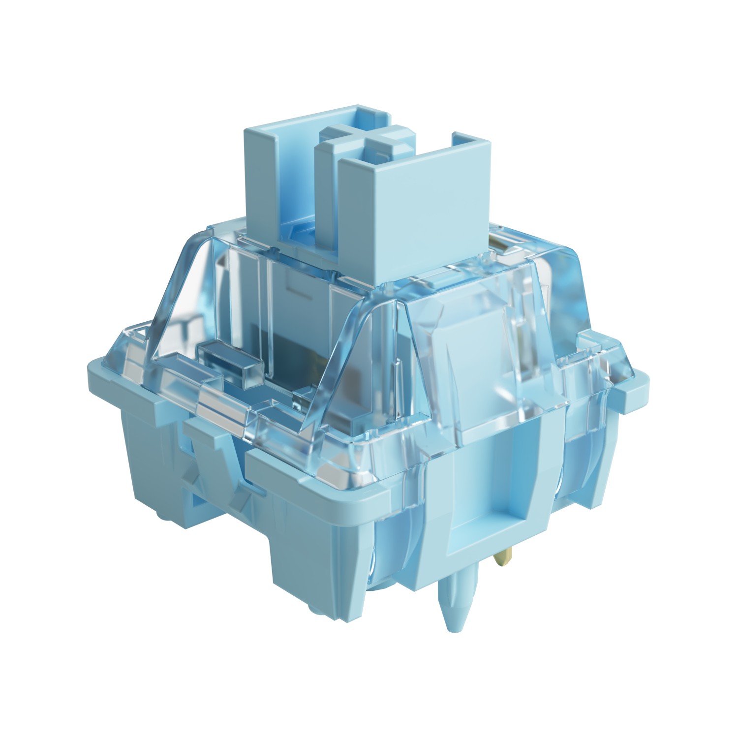 Cream blue mechanical switch featuring a transparent housing, tactile design, and a compact structure, ideal for enhancing keyboard performance.