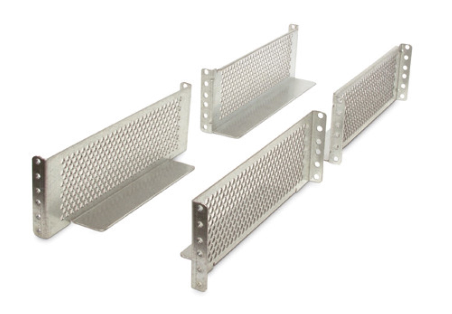 Silver metal 2-post mounting rail kit featuring perforated design, designed for APC Smart-UPS SRT, includes four pieces for installation.