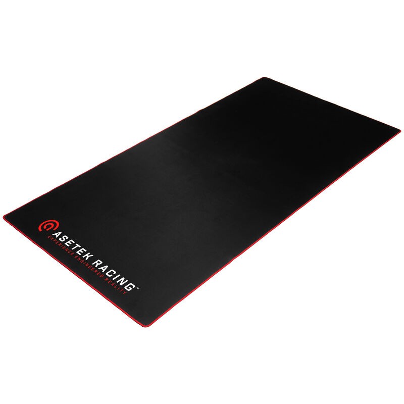Black floor mat with a smooth surface, featuring a red border and the "Asetek Racing" logo in white on one side, designed for sim racing setups.