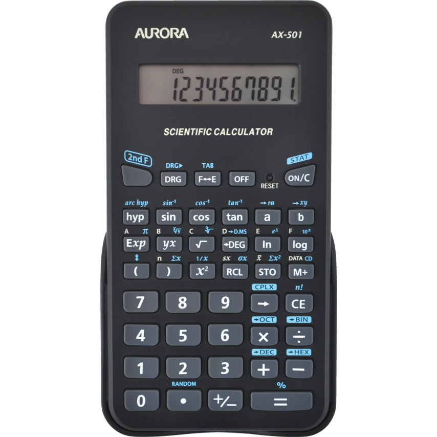 Black Aurora AX-501 scientific calculator featuring a large display, numerous function keys, and a sleek design, ideal for complex calculations.