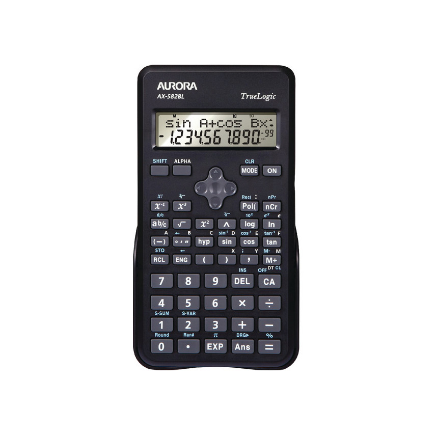 Black Aurora Scientific Calculator with a digital display, featuring numerous buttons for functions, including trigonometric and statistical calculations.